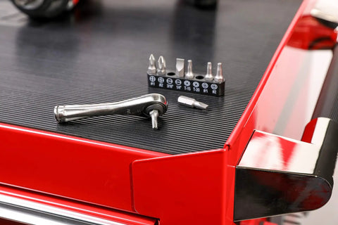 Dual Drive 1/4-Inch Ratchet And Bit Holder on red tool chest with bit set, 72-Tooth Micro Ratchet, Ultra Compact Aluminum Build