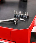 Compact Quarter Inch Drive Micro Bit Ratchet for Tight Spaces mini screwdriver set on a red tool cart