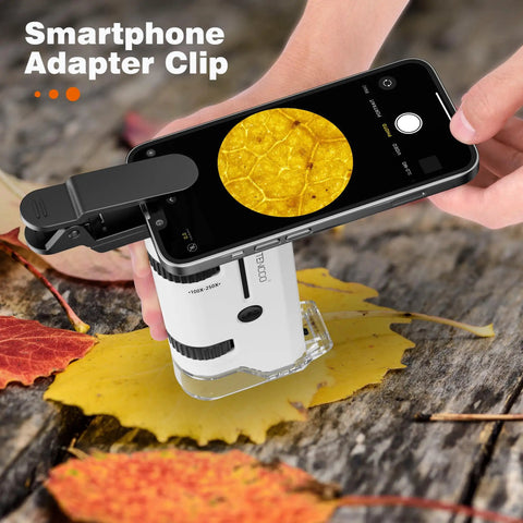 Smartphone clipped to 100x To 250x Portable Pocket Microscope For Kids And Adults Handheld Mini Microscope Kit magnifying a leaf.