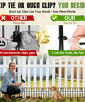 Comparison of zip tie versus clip for securing garden fence with woman installing fence using zip ties and dog near fence