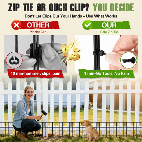 Comparison of zip tie versus clip for securing garden fence with woman installing fence using zip ties and dog near fence