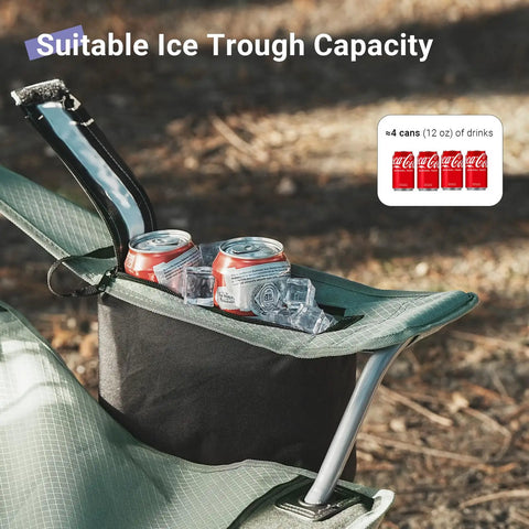Ultralight Portable Folding Camping Chair For Adults With Cup Holder And Cooler Pouch, showing cooler with ice and soda cans.