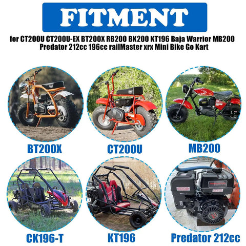 Fitment chart showing compatibility for Jet Upgrade Kit For Predator 212cc Coleman CT200U Trail with various mini bikes and go-karts.