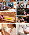 No Sweat Pink Cordless Drill 188 Piece Heavy Duty Tool Box For Women Home Repair Kit With Fast Charger, featuring women using tools.