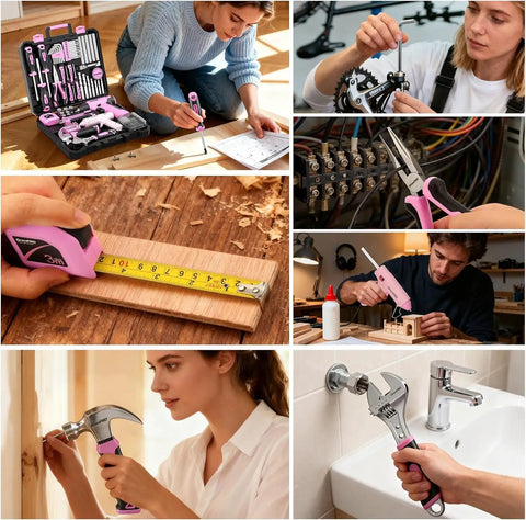 No Sweat Pink Cordless Drill 188 Piece Heavy Duty Tool Box For Women Home Repair Kit With Fast Charger, featuring women using tools.
