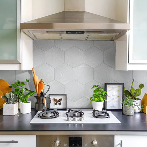 Kitchen backsplash featuring White Hex Porcelain Tile For Floor And Wall, 8.63 In Width By 9.88 In Length, Smooth Glazed Finish.