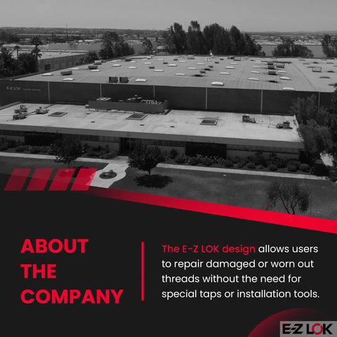 Aerial view of E-Z LOK facility with text about thread repair solutions
