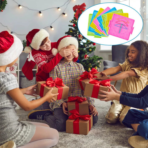 Kids exchanging gifts with inset of Twelve Double Sided Geoboards With Rubber Bands For Kids Geometry Learning Classroom Set Back To School Durable Plastic Six Point Nine By Six Point Three Inches Great For Teachers And Fam Math Activities