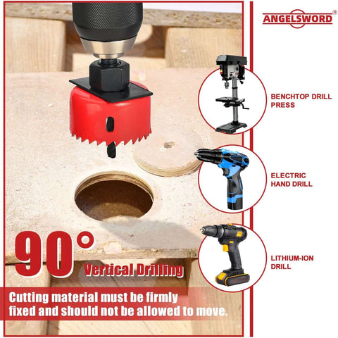 Front view of a red Angelsword hole saw cutting a hole in plywood, attached to a drill.