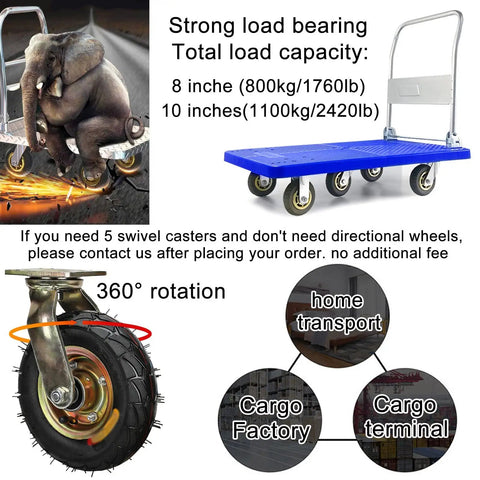 Straight Up Heavy Duty Five Pack Industrial Replacement Casters With Three Swivel And Two Fixed Soft Rubber Wheels Roll Smooth For Carts Workbenches Zero Hassle Shock Absorbing Screw Hardware on blue dolly with large wheels.