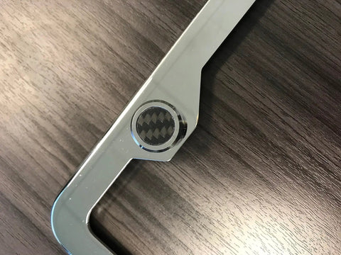 Slick Chrome License Plate Frame Screw Cover Caps With Hidden Bolt Design featuring carbon fiber pattern and aluminum material.