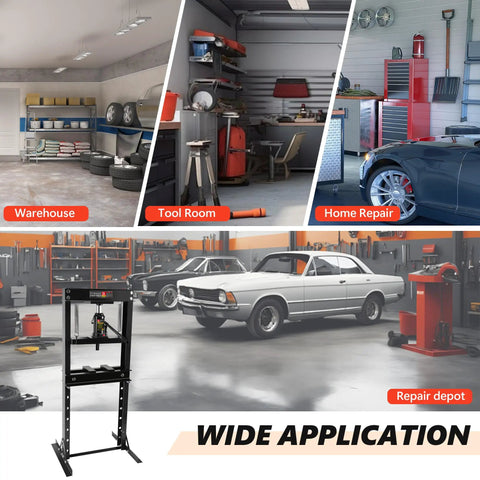 Hardcore 20 Ton Hydraulic Shop Press With H Frame Rig And Stamping Plates For Metal Bending Bearing Install And Shaft Straightening in repair garage.