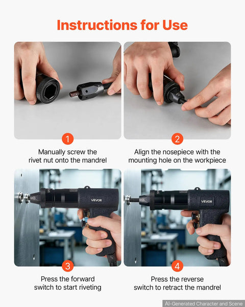 Heavy Duty Pneumatic Rivet Nut Gun Kit With Quick Swap Heads And 20 Mandrels For Auto Repair, setup steps in use