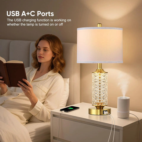 Set Of 2 Dope Gold Table Lamps With USB A And C Ports And Built In Night Light in bedroom with woman reading