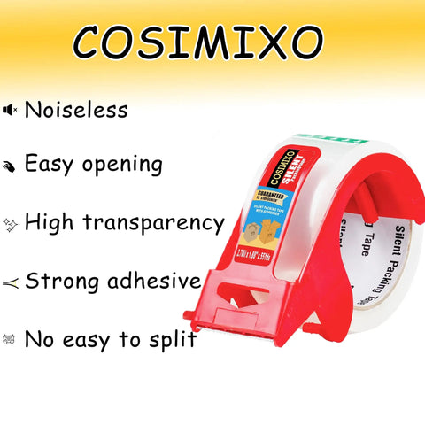 2 Pack No Noise Clear Packing Tape With Dispenser Heavy Duty 2.7 Mil Thick 1.88 Inch Wide 55 Yards Long Silent Noiseless Packing Tape For Shipping Moving Boxes Office Use Clear Durable Packaging Tape on a red dispenser with features listed.