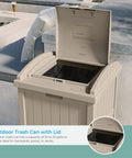 Hideaway Outdoor Trash Can With Lid 30 Gallon Weather Resistant Resin Bin with Wicker Style Look on Patio