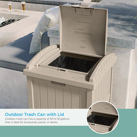 Hideaway Outdoor Trash Can With Lid 30 Gallon Weather Resistant Resin Bin with Wicker Style Look on Patio