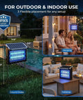Outdoor Solar Bug Zapper With 4500V Electric Grid And 10W Solar Panel shown in various setups: ground stake, hanging, tabletop.