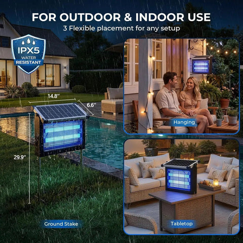 Outdoor Solar Bug Zapper With 4500V Electric Grid And 10W Solar Panel shown in various setups: ground stake, hanging, tabletop.