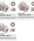 Image of 316L Stainless Steel Brake Line Kit tube nuts in various sizes, suitable for 3/16 inch tubing with SAE fittings for cars and trucks.