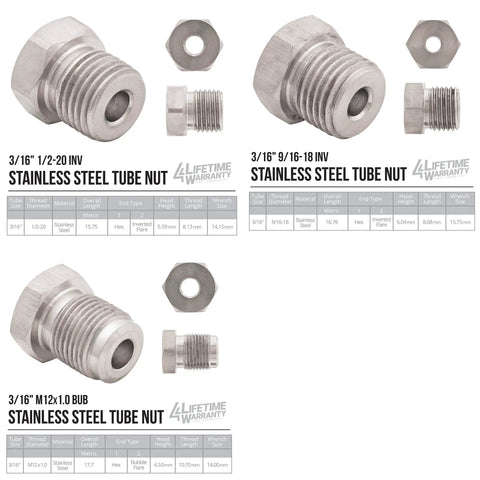 Image of 316L Stainless Steel Brake Line Kit tube nuts in various sizes, suitable for 3/16 inch tubing with SAE fittings for cars and trucks.