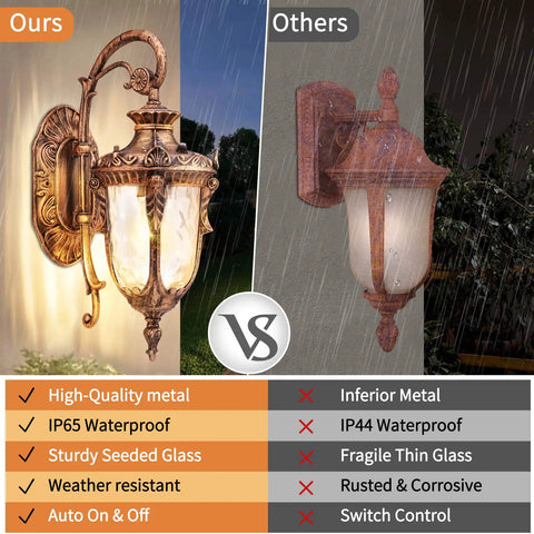 Outdoor Wall Light With Dusk To Dawn Sensor In Gold Weatherproof Exterior Wall Mount Sconce comparison chart vs other brands.