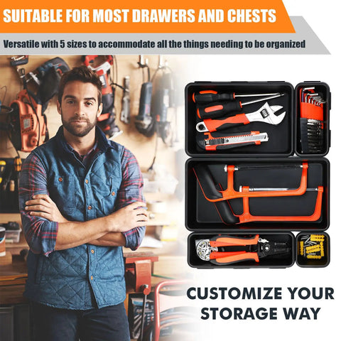 Man in workshop with 100 Pack Toolbox Organizer Trays And Drawer Dividers Set In 5 Sizes For Garage Home And Office Storage Black Plastic Bins for tools.