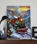 Festive Steam Train Wall Art Print Featuring A Red And Green Locomotive In Snow, Magical Winter Christmas Poster.