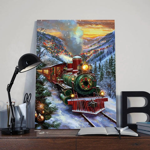 Festive Steam Train Wall Art Print Featuring A Red And Green Locomotive In Snow, Magical Winter Christmas Poster.