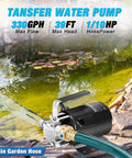 Powerful 115V Water Transfer Pump with 6 ft Hose Kit, 330 GPH, 1/10 HP, draining garden pond