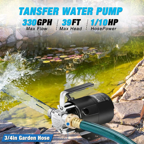 Powerful 115V Water Transfer Pump with 6 ft Hose Kit, 330 GPH, 1/10 HP, draining garden pond