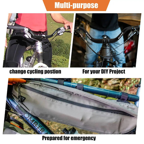 Multiple views showing the Aluminum 25.4mm Mountain Bike Handlebar 640mm Long 100mm Rise 10 Degree Backsweep Ergonomic Rise Bar in use on different bikes