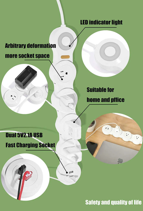 Flexible Surge Protector Power Strip With 6 Foot Cord 4 Outlets 2 USB Ports Overload Protection Flat Plug Rotatable 180 Degree Design in use