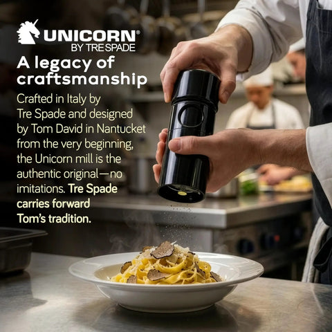Chef using Unicorn Pepper Mill By Tre Spade Premium Kickin Manual Pepper Grinder With Steel Burrs over pasta in kitchen