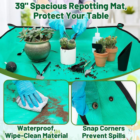 Beginner Friendly Gardening Tools Kit For Women, 20 Piece Indoor Succulent And Bonsai Care Set with green repotting mat and tools