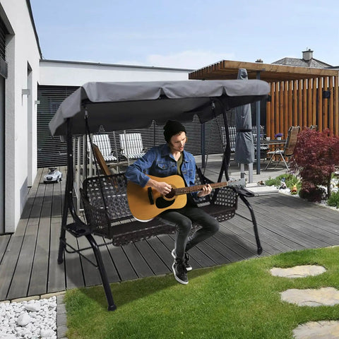 Man playing guitar on 3 seater porch swing with Heavy Duty Patio Swing Canopy Replacement Cover For 3 Seater Porch Swing, Grey.