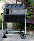 Dual Chamber Tumbling Compost Bin With Wheels, 37 Gallon Outdoor Garden Recycler, Elevated Rotating Bin In Black Plastic