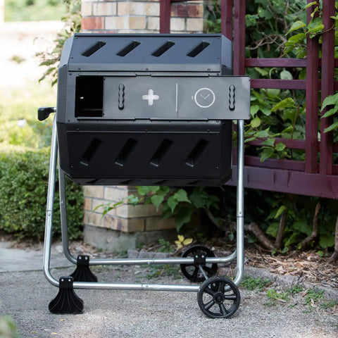 Dual Chamber Tumbling Compost Bin With Wheels, 37 Gallon Outdoor Garden Recycler, Elevated Rotating Bin In Black Plastic