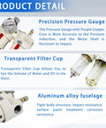 Half Inch NPT Compressed Air Filter Regulator Combo With 5 Micron Brass Filter, Semi Auto Drain, Polycarbonate Bowl, 0 To 138 PSI Gauge