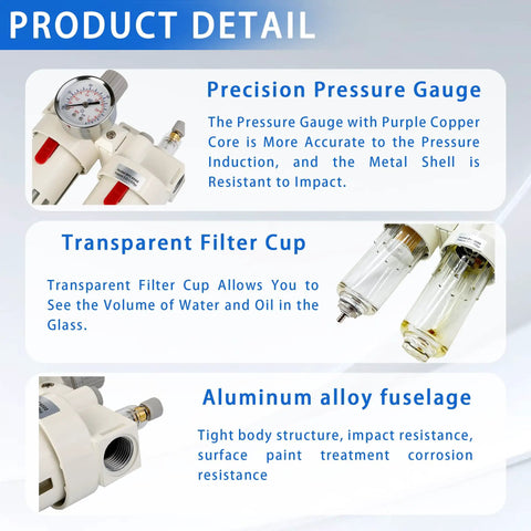 Half Inch NPT Compressed Air Filter Regulator Combo With 5 Micron Brass Filter, Semi Auto Drain, Polycarbonate Bowl, 0 To 138 PSI Gauge