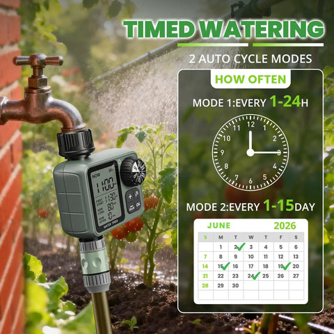 No Fuss Setup Hose Timer With Rain Delay And Auto Or Manual Modes connected to outdoor faucet with cycle schedule display