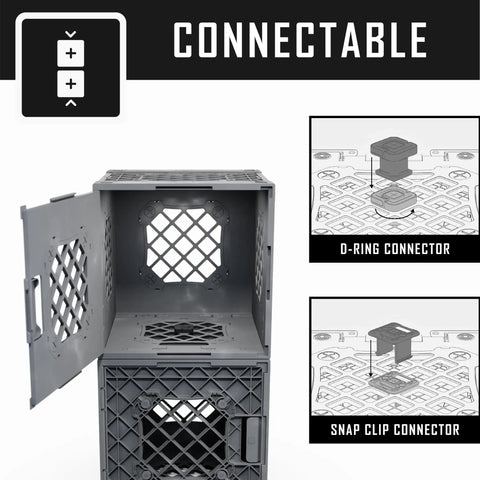 UC01 Modular Collapsible Crates 3 Pack in Gray showing omni stackable design with hinged door and connectors for versatile storage.
