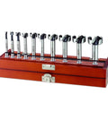 Top Tier Heavy Duty Forstner Bit Set Featuring Ten High Carbon Steel Drill Bits For No Hassle Wood Boring And Quick Shop Projects With Sturdy Wooden Storage Box Included.