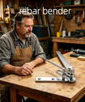 Compact Manual Rebar Bender And Wire Bending Jig For Garages, heavy steel, desktop use, bends rods on a wooden workbench.