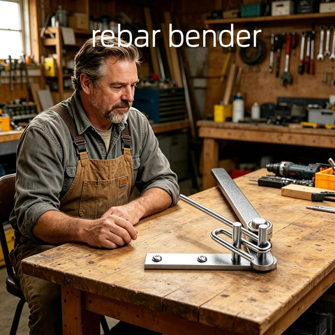 Compact Manual Rebar Bender And Wire Bending Jig For Garages, heavy steel, desktop use, bends rods on a wooden workbench.