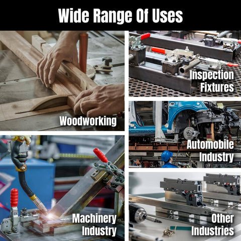 Collage of industrial applications for Two Pack Quick Release Toggle Clamp, 60 Lbs Holding Capacity, Horizontal Clamp Type 201A