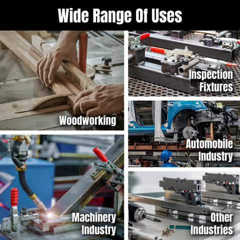 Image collage showing the use of 8 Pack Quick Release Toggle Clamps Set, 60 Lb Holding Capacity, 201A Horizontal Clamps in various industries.