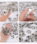 Close-up of 200 Pack Stainless Steel Snap Fastener Kit 15mm Heavy Duty Button Press Stud Caps For Marine Boats Canvas Leather Bags And DIY Crafts Ideal For Tent Covers Jackets Coats Vests Tops And More, showing detailed components in hand and scattered view.