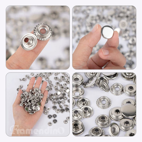 Close-up of 200 Pack Stainless Steel Snap Fastener Kit 15mm Heavy Duty Button Press Stud Caps For Marine Boats Canvas Leather Bags And DIY Crafts Ideal For Tent Covers Jackets Coats Vests Tops And More, showing detailed components in hand and scattered view.
