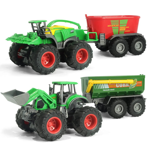 Die Cast Metal Tractor Trucks With Trailer And Movable Parts, Realistic Details, Front Loader And Fodder Mixer, Toy Set